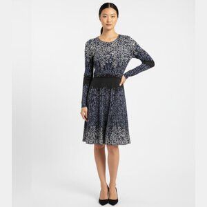 BCBG MAXAZRIA Knit Patterned Fit and Flare Silk Blend Dress Blue Womens S Luxury